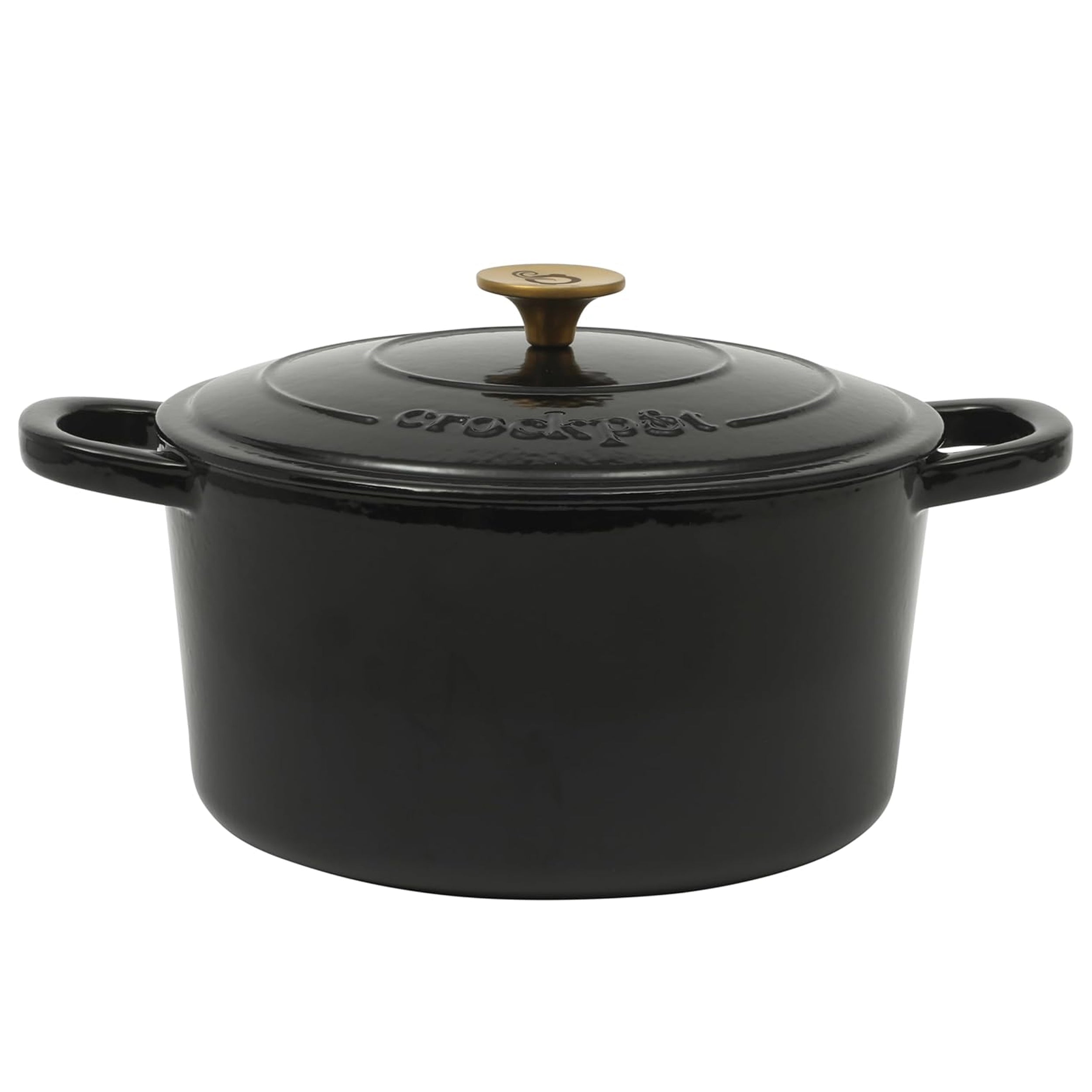 Crock Pot Artisan 7 Quart Round Enameled Cast Iron Dutch Oven in Black with Gold Handle