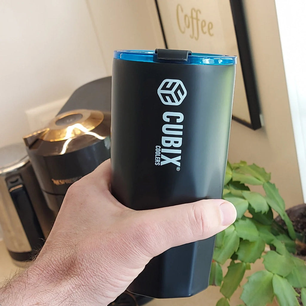 Cubix Outdoors 20oz Steel Insulated Tumbler with Dual-Function Lid-Black w/ Blue Lid