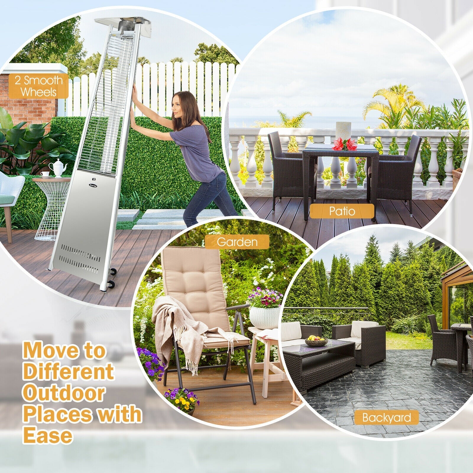 42 000 BTU Stainless Steel Pyramid Patio Heater With Wheels