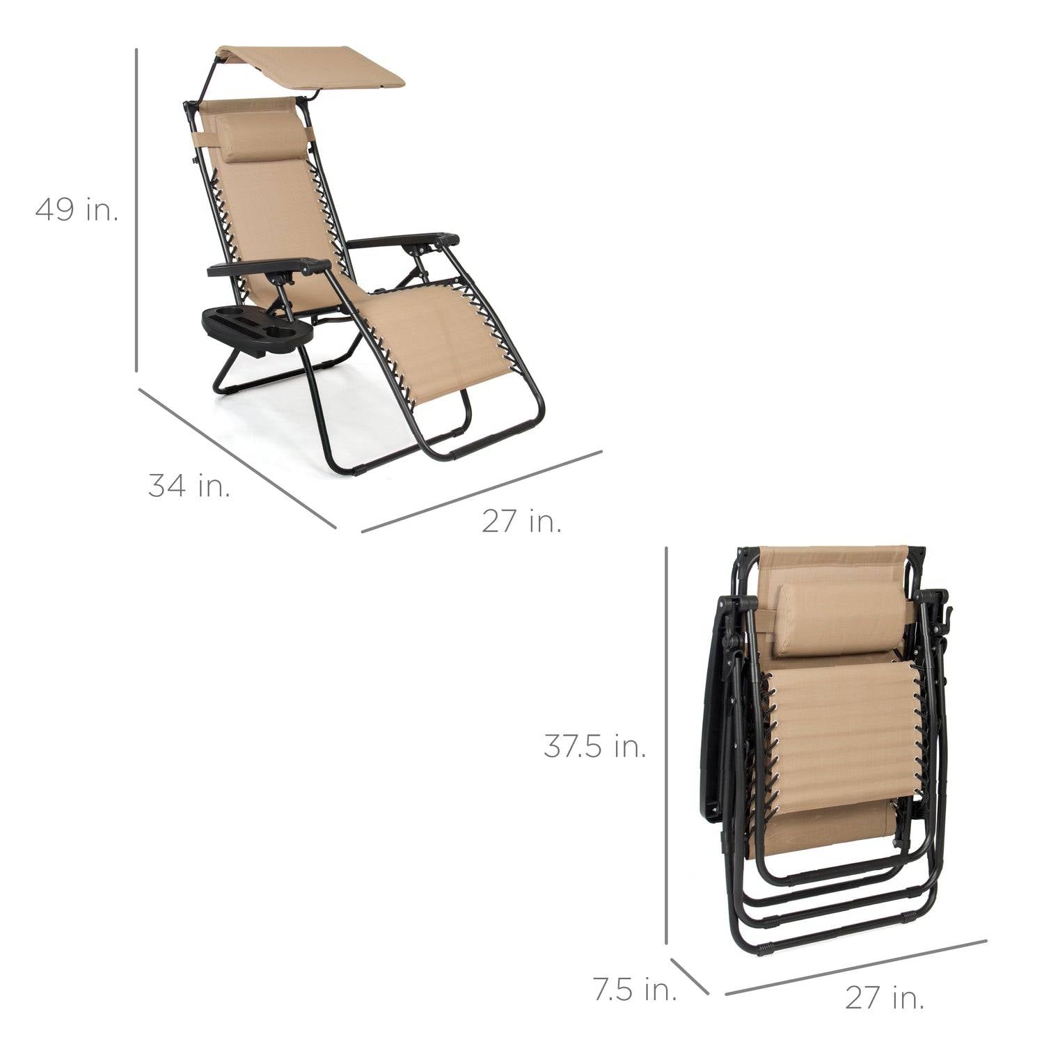 Beige Zero Gravity Folding Reclining Patio Lounge Chair with Canopy Sun Shade
