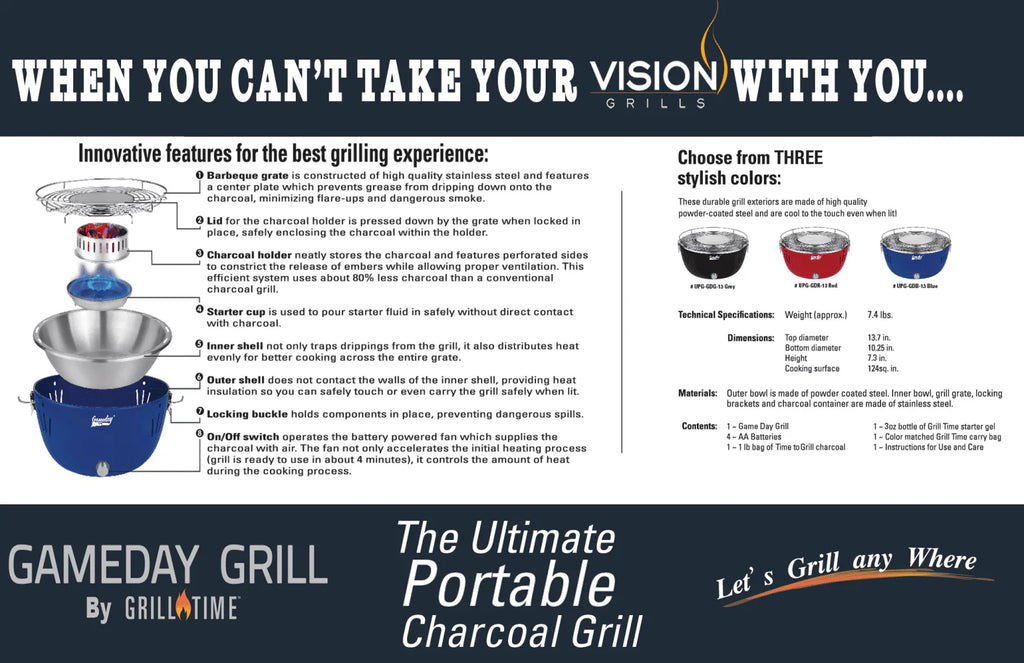 Grill Time Tailgater GTX Portable Charcoal Grill with Glass Hood Perfect for Camping Accessories