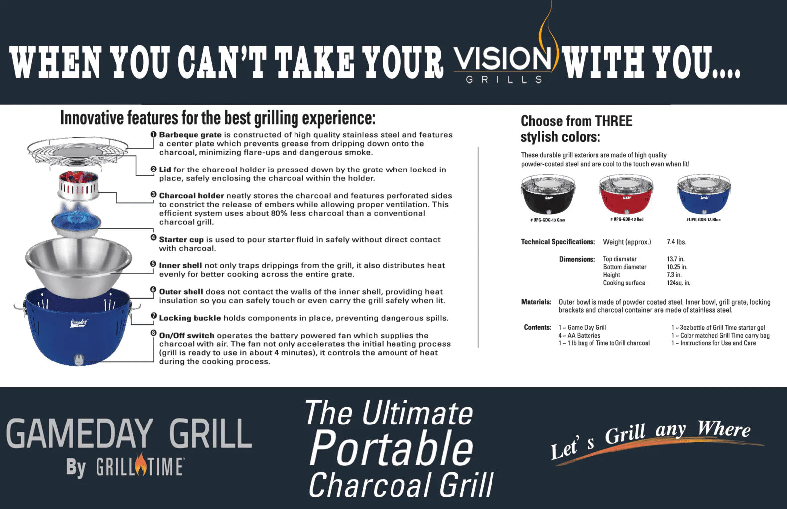 Grill Time Tailgater GTX Portable Charcoal Grill with Glass Hood Perfect for Camping Accessories