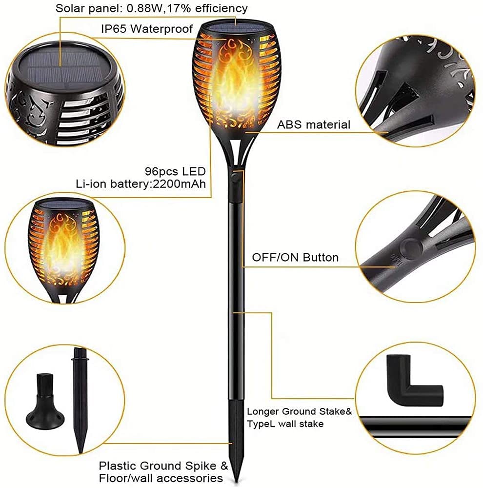 Solar LED Flame Lamp Lawn Flame Flickering Torch Light Outdoor Fire 96 LED Lights 4 Pack