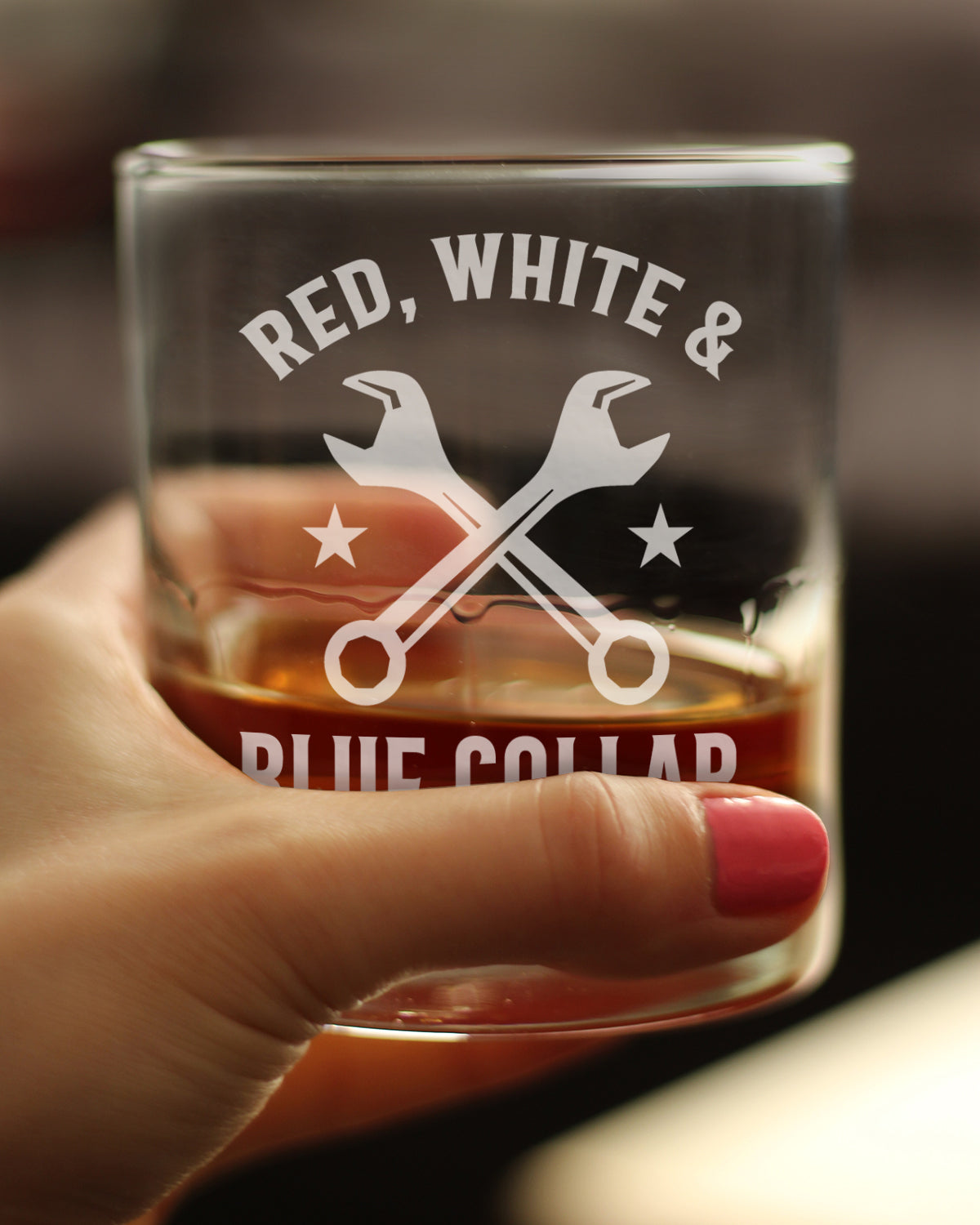 Red White & Blue Collar Engraved Rocks Glass