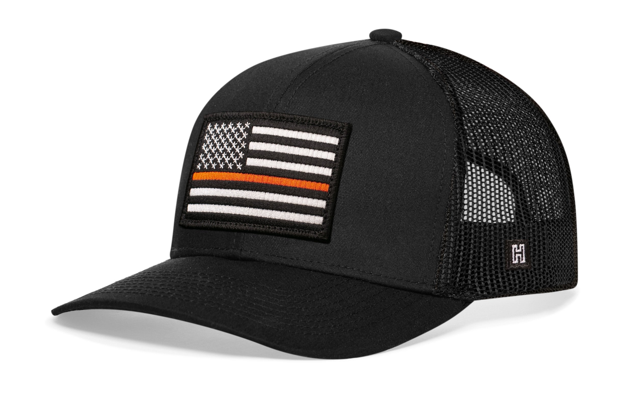 Thin Orange Line Trucker Hat  |  Black Rescue Snapback