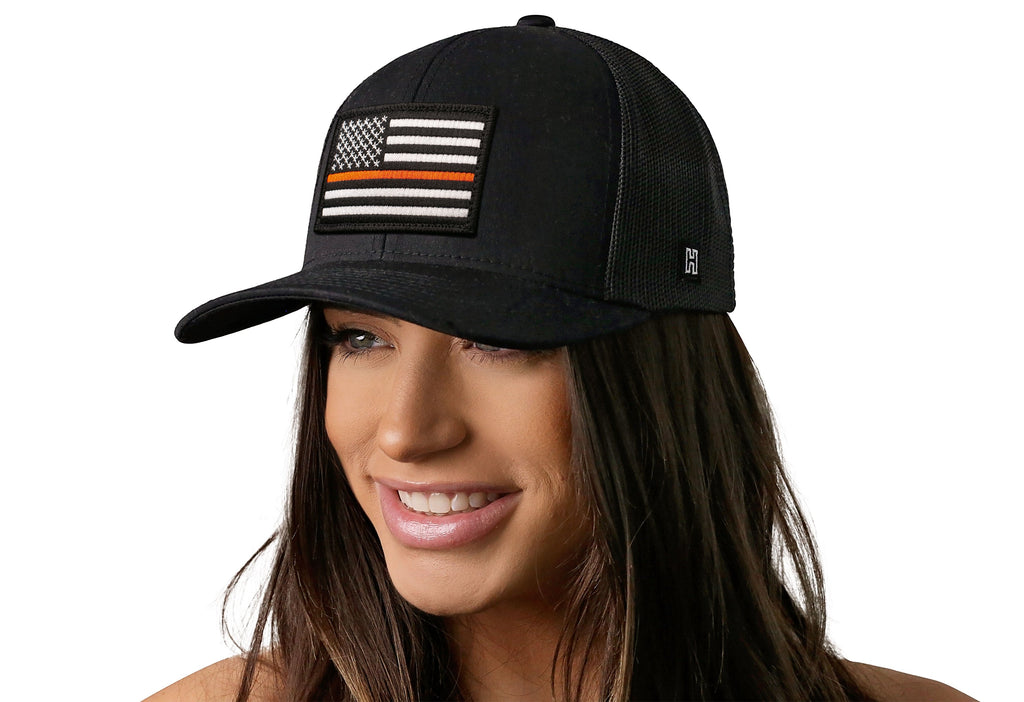 Thin Orange Line Trucker Hat  |  Black Rescue Snapback