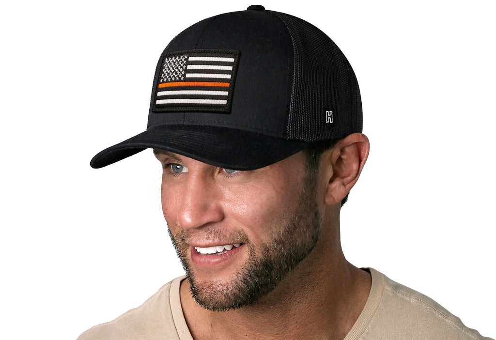 Thin Orange Line Trucker Hat  |  Black Rescue Snapback