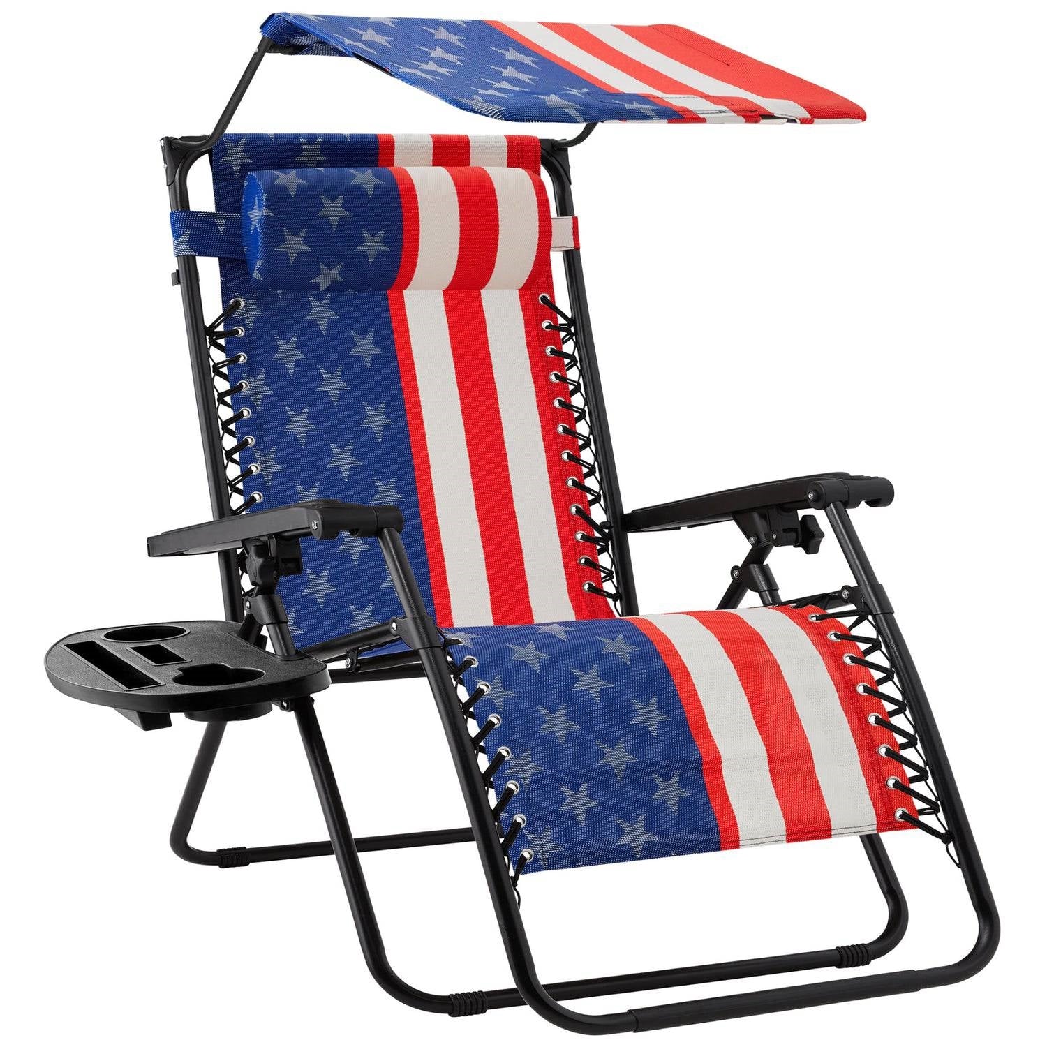 USA American Flag Zero Gravity Reclining Patio Lounge Chair with Canopy