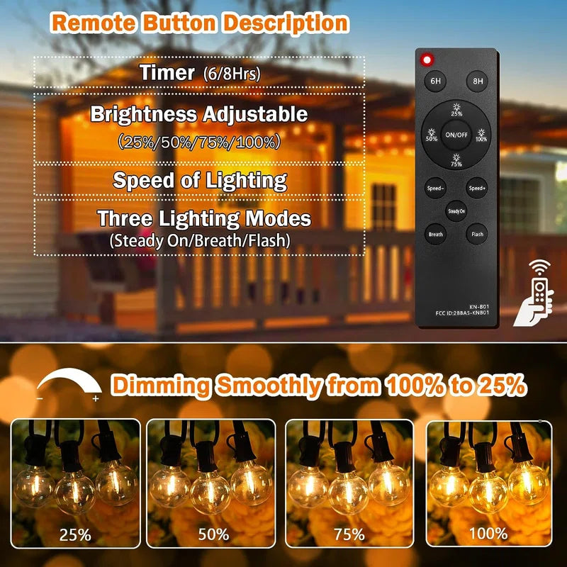 🌞 25ft Solar-Powered Outdoor String Lights with Remote