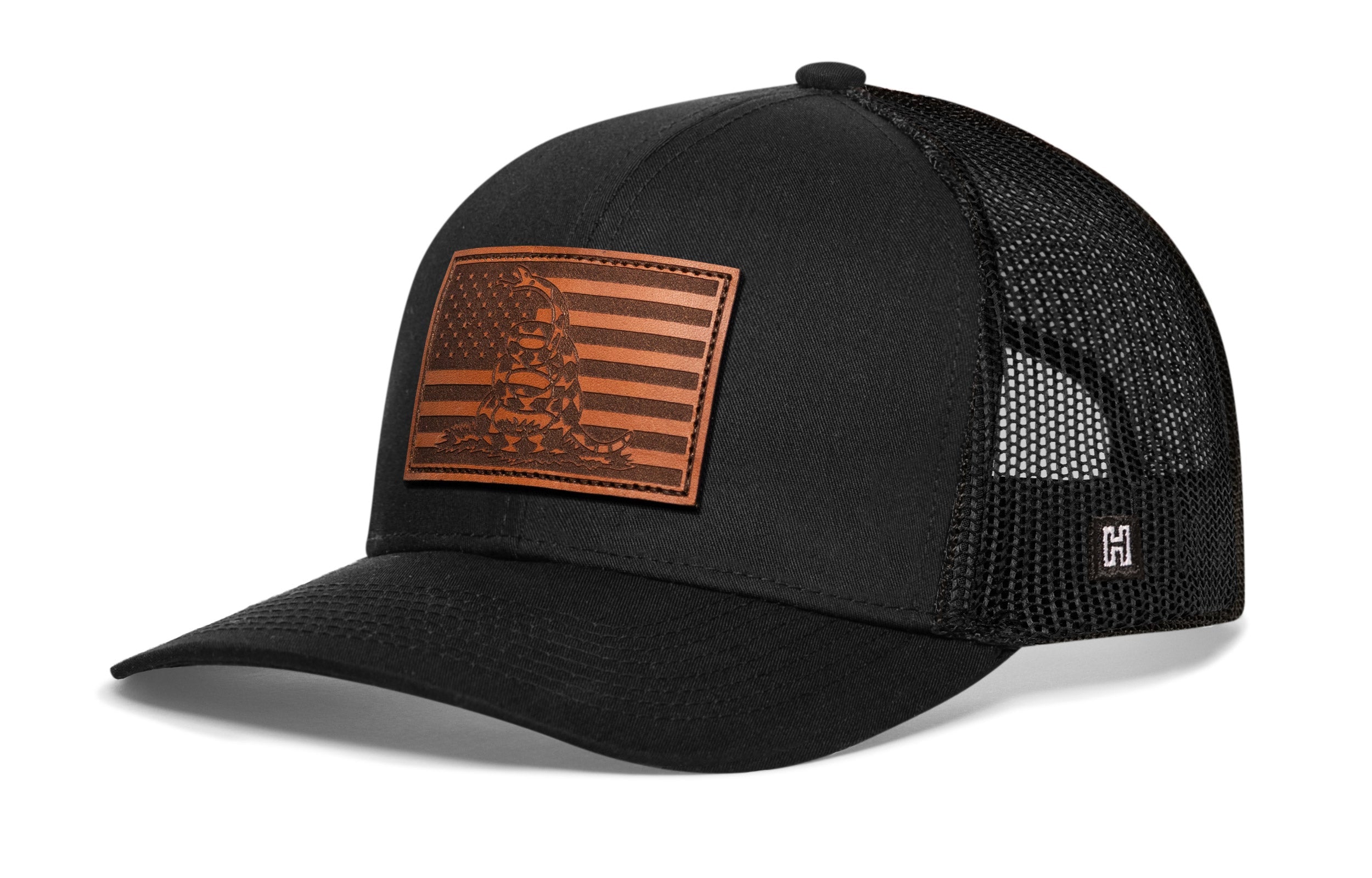 Dont Tread on Me American Flag Trucker Hat  |  Black Gadsden Leather Snapback