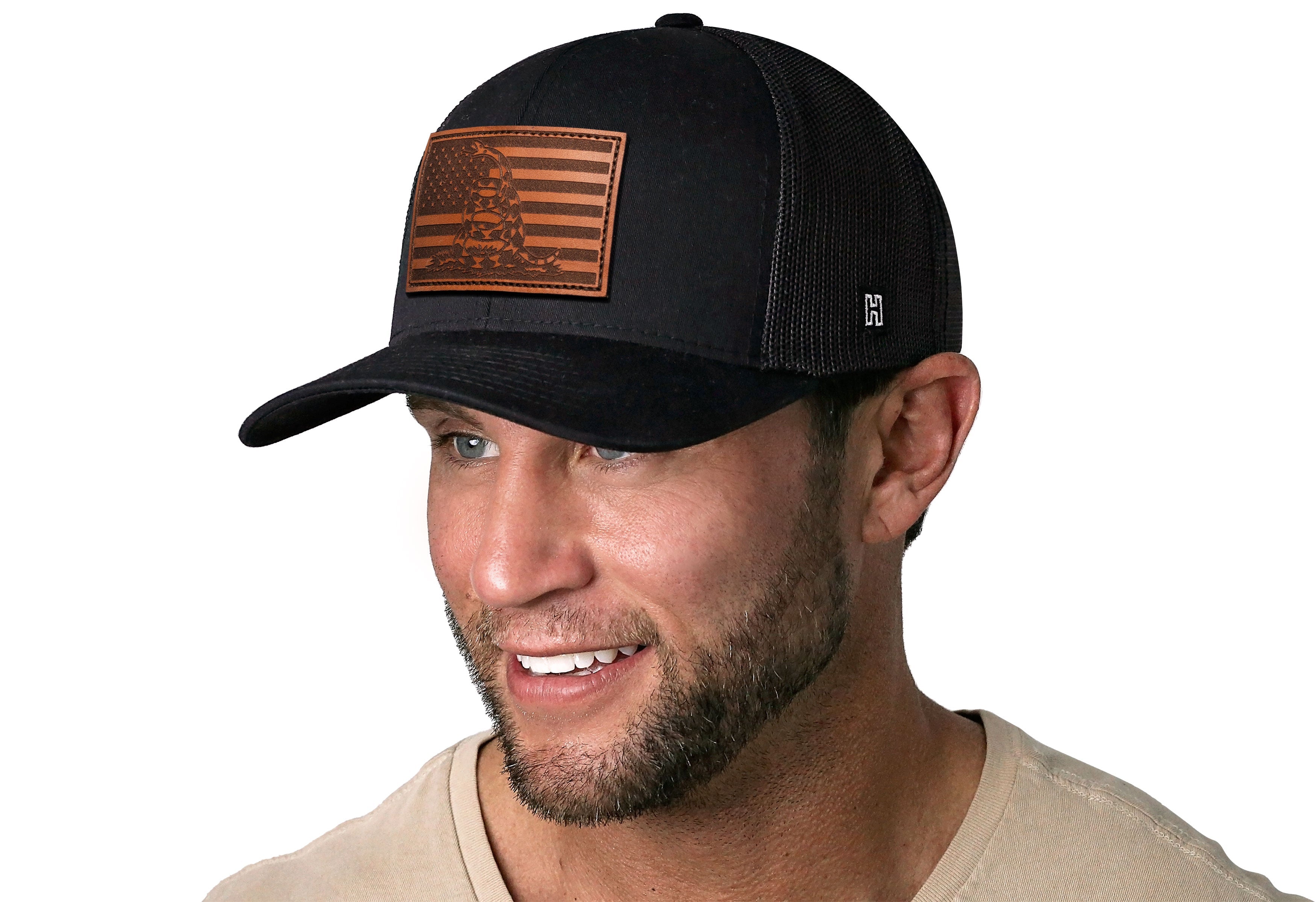 Dont Tread on Me American Flag Trucker Hat  |  Black Gadsden Leather Snapback